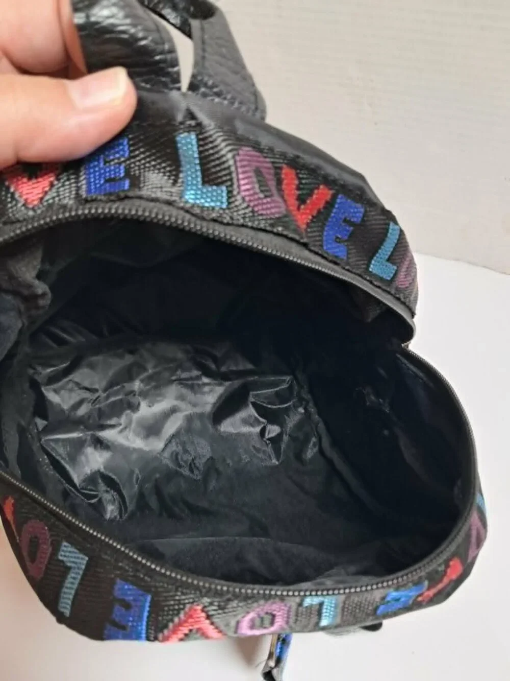 Black Mini Backpack LOVE Colorful Ribbon Oxford Fabric